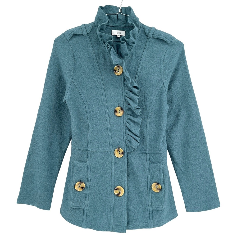 Luii Anthropologie Womens M Boiled Wool Jacket Teal Ruffle Tortoise Buttons